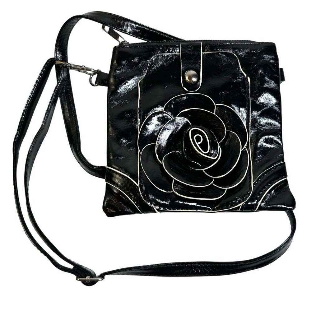 Mellow World Black and White Patent Rose Flower Crossbody Bag